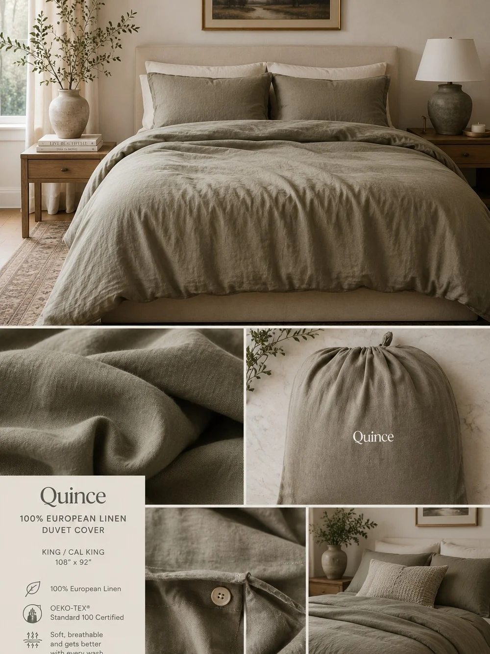 Quince European Linen Duvet Cover King/Cal King Dusty Olive NWOT
